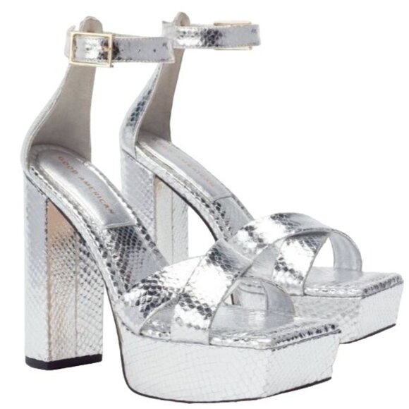 NEW Good American Ankle Strap Open Toe Platform Sandals‎ Silver Snake Size 8 - Picture 1 of 16